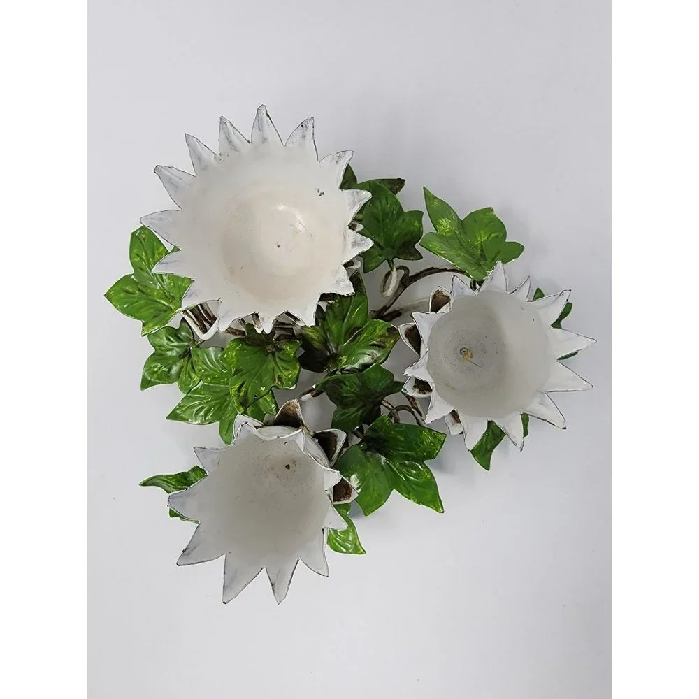 Vintage Painted Metal Flower‎ And Leaves Metal Candle Holder